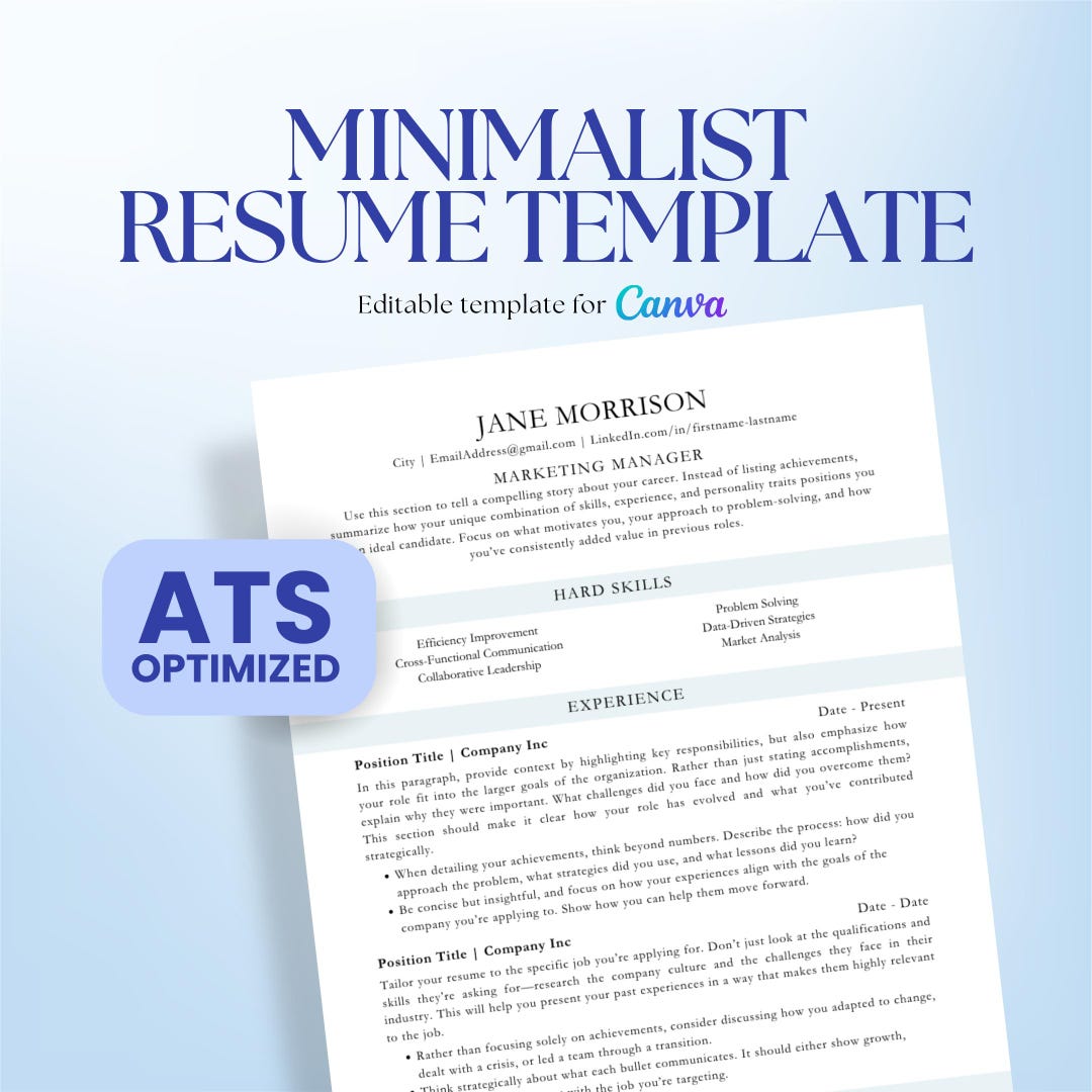 Minimalist ATS Resume Canva Template ATS Friendly CV - Etsy