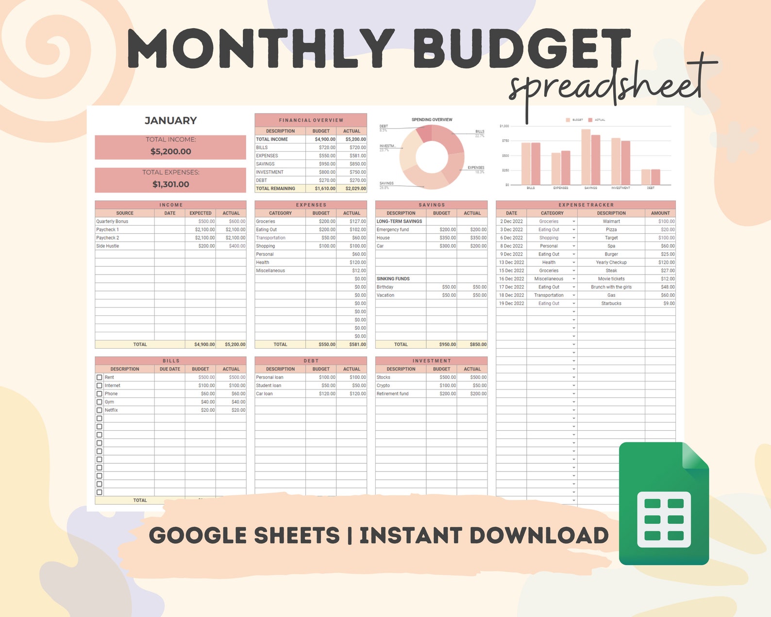 Monthly Budget Spreadsheet Template for Google Sheets Budget - Etsy