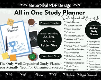 Student Study Planner, Homework Tracker, A4 A5 Letter (PDF)