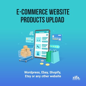 Può includere: Illustrazione di un sito web di e-commerce con un carrello della spesa pieno di scatole, uno smartphone che mostra pagine di prodotti e carte di credito. Il testo "E-COMMERCE WEBSITE PRODUCTS UPLOAD" è nella parte superiore dell'immagine. Il testo "Wordpress, Ebay, Shopify, Etsy o qualsiasi altro sito web" è nella parte inferiore dell'immagine. Il testo "zifa. DESIGNS HUB" è nell'angolo in basso a destra dell'immagine.