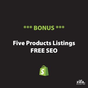 May include: A green shopping bag icon with the letter "S" inside, against a black background. The text "*** BONUS ***" is above the icon, and the text "Five Products Listings FREE SEO" is below the icon. The text "zifa. DESIGNS HUB" is in the bottom right corner.