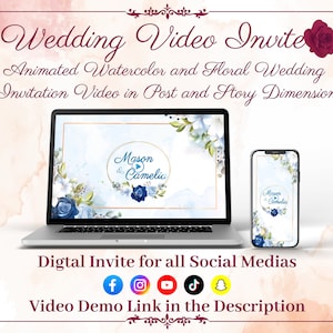 Mooie geanimeerde bloemen aquarel bruiloft video-uitnodiging, aangepaste digitale huwelijksuitnodiging voor sociale media in post- en verhaalformaat