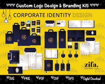 May include: A corporate identity design kit with a yellow background. The kit includes a variety of branding elements, such as a logo, business cards, letterhead, and packaging. The design is modern and minimalist, with a focus on clean lines and bold colors. The text "zifa. DESIGNS HUB" is featured on the branding elements.