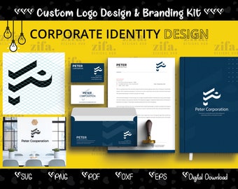 May include: A corporate identity design kit for Peter Corporation. The kit includes a logo, business card, letterhead, envelope, and notebook. The logo is a stylized letter "P" in blue and white. The color scheme is blue and white.