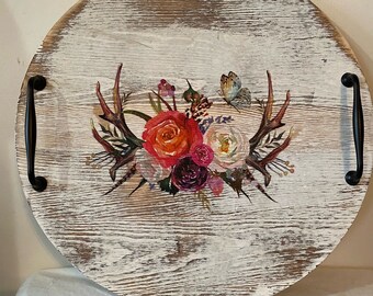 White Distressed Floral Tray