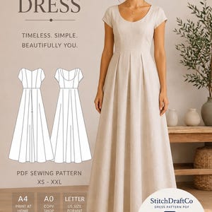 Puede incluir: Una mujer con un vestido beige de manga corta, cuello redondo y falda plisada. La imagen anuncia un patrón de costura PDF para el "AURORA DRESS". También se ve el texto "TIMELESS. SIMPLE. BEAUTIFULLY YOU.", junto con dibujos del vestido.