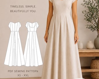 Patrón de costura para vestido Aurora, modelo largo atemporal en PDF, tallas XS-XXL (descarga digital)