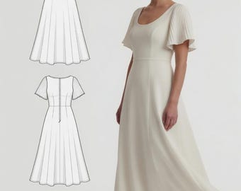 Patrón de costura en PDF para vestido elegante de corte A, tallas XS-XXL, mangas con volantes.