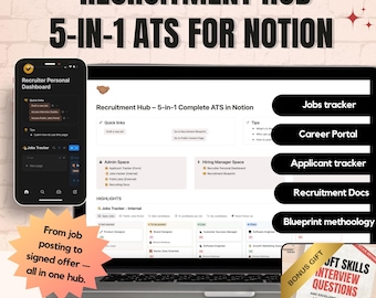 Notion Second Brain para recrutadores - Recruitment HUB - Sistema de contratação 5 em 1 - Sistema completo de rastreamento de candidatos