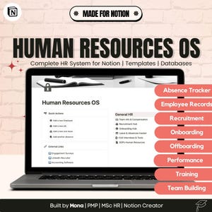 Könnte beinhalten: Ein Laptop-Bildschirm zeigt ein Human Resources OS-System für Notion mit einer Liste von Funktionen, darunter Schnelle Aktionen, Externe Links und Allgemeine HR. Der Bildschirm ist von einem rosa Ziegelmauerhintergrund umgeben, auf dem oben der Text "MADE FOR NOTION" steht. Die rechte Seite des Bildes zeigt eine Liste von HR-Funktionen, darunter Abwesenheitsverfolgung, Mitarbeiterakten, Rekrutierung, Onboarding, Offboarding, Leistung, Schulung und Teambildung.