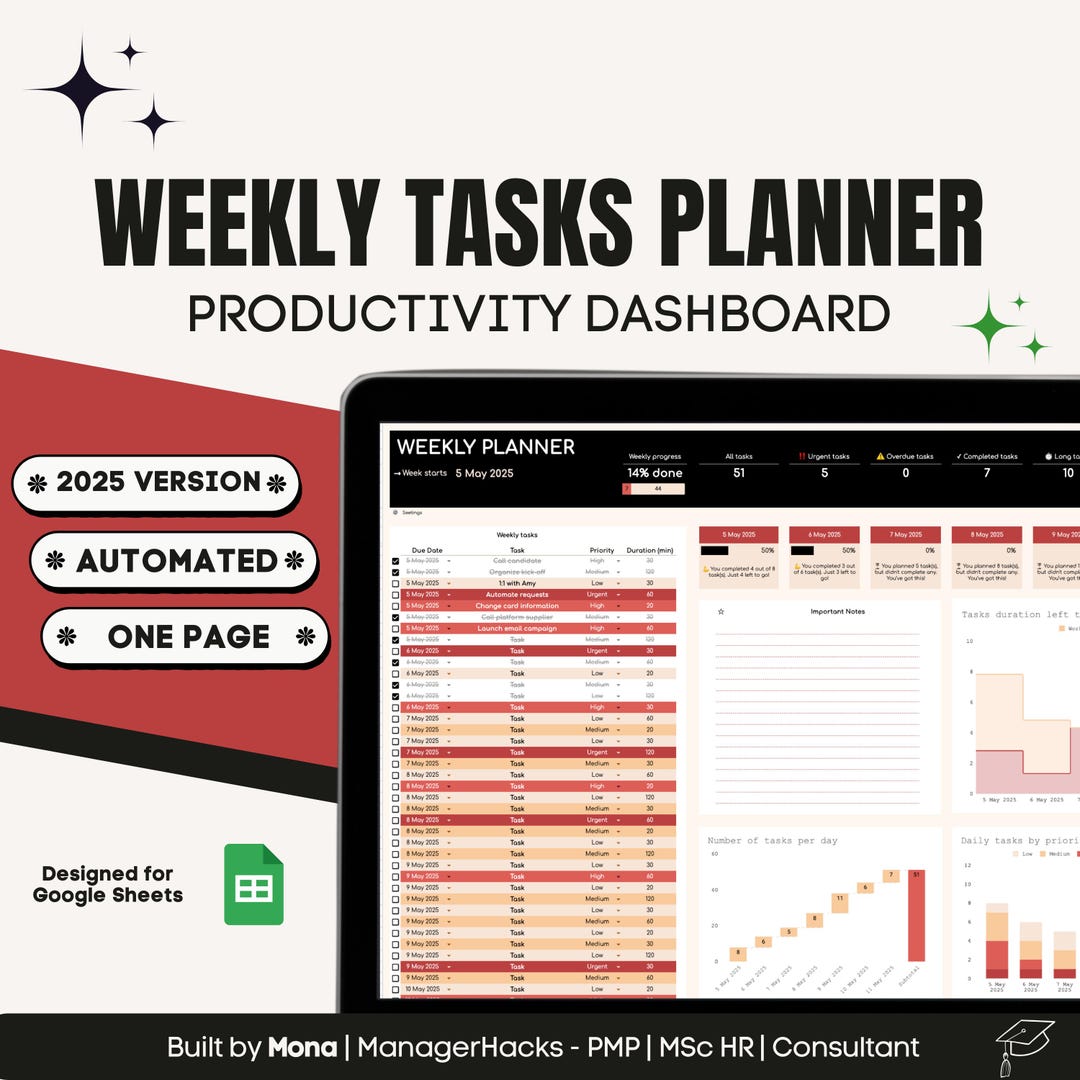 Weekly Task Tracker | Google Sheets Digital Planner With Dashboard ...