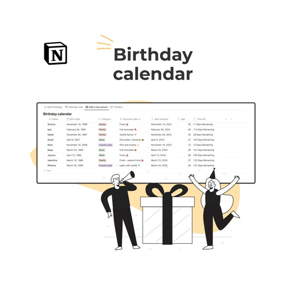 Birthday calendar - Notion template for an organise life