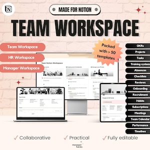 Puede incluir: Un fondo de pared de ladrillo rosa y blanco con el texto "MADE FOR NOTION" en negro. El texto "TEAM WORKSPACE" está en blanco y negro. La imagen muestra tres pantallas de ordenador con el texto "Team Notion Workspace", "People Portal (Confidential)" y "Manager Area (Private)". Debajo de las pantallas está el texto "Collaborative", "Practical" y "Fully editable". La imagen también muestra una lista de características que incluyen "OKRs", "Projects", "Tasks", "Training system", "Absences", "Checklists", "Reviews", "Onboarding", "Recruitment", "Habits", "Subscriptions", "Meetings", "Team Calendar", "Performance" y "Timelines".