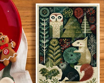 Woodland Winter Cards Set of 8 | Scandinavian Folk Art Holiday | Forest Animals Christmas| w/Envelopes