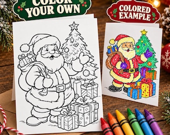 Kids Christmas Coloring Cards with Crayons | DIY Holiday Greeting Set (8 Cards)