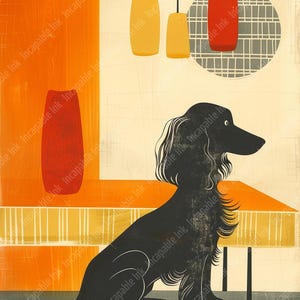 May include: A black dog sits on a table with a red vase and a yellow lamp hanging above. The background is a light orange and gray.