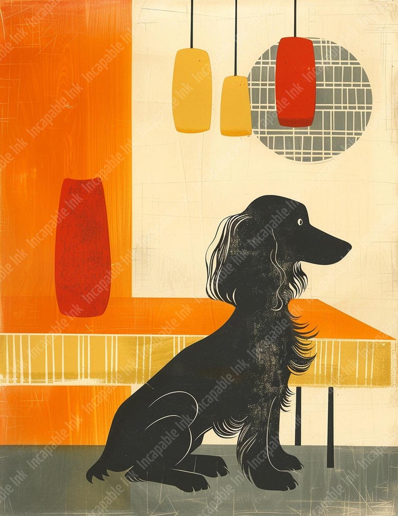 May include: A black dog sits on a table with a red vase and a yellow lamp hanging above. The background is a light orange and gray.