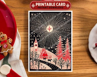 Printable Christmas Card | Folk Art Winter Village | Scandinavian Holiday Card | A2 Instant Download