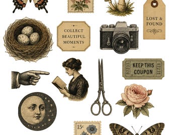 Vintage Collage Sticker Set | Botanical, Ephemera, Typography (20 Pieces)