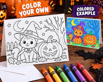 Kids Halloween Coloring Greeting Cards | Color & Send Coloring Cards (8 Cards + Crayons)