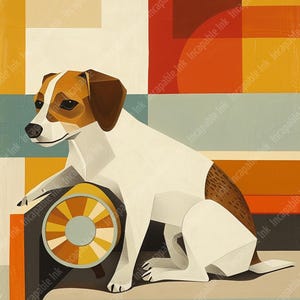 May include: A white and brown Jack Russell Terrier dog sits on a colorful geometric patterned couch. The dog is looking to the left of the image. The couch is made of a dark gray fabric with a colorful circular pattern.