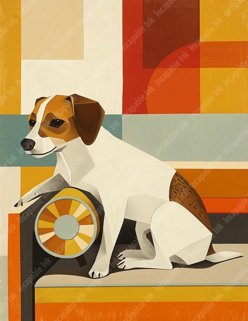 May include: A white and brown Jack Russell Terrier dog sits on a colorful geometric patterned couch. The dog is looking to the left of the image. The couch is made of a dark gray fabric with a colorful circular pattern.
