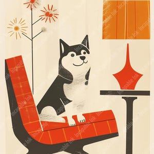 May include: A black and white dog sits in a red and black chair with a red and orange lamp on a table next to it. There are orange flowers in the background.