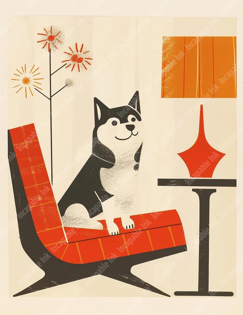 May include: A black and white dog sits in a red and black chair with a red and orange lamp on a table next to it. There are orange flowers in the background.