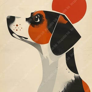 May include: A stylized illustration of a beagle dog with black, white, and orange fur. The dog is looking up and to the right, with a red circle behind it.