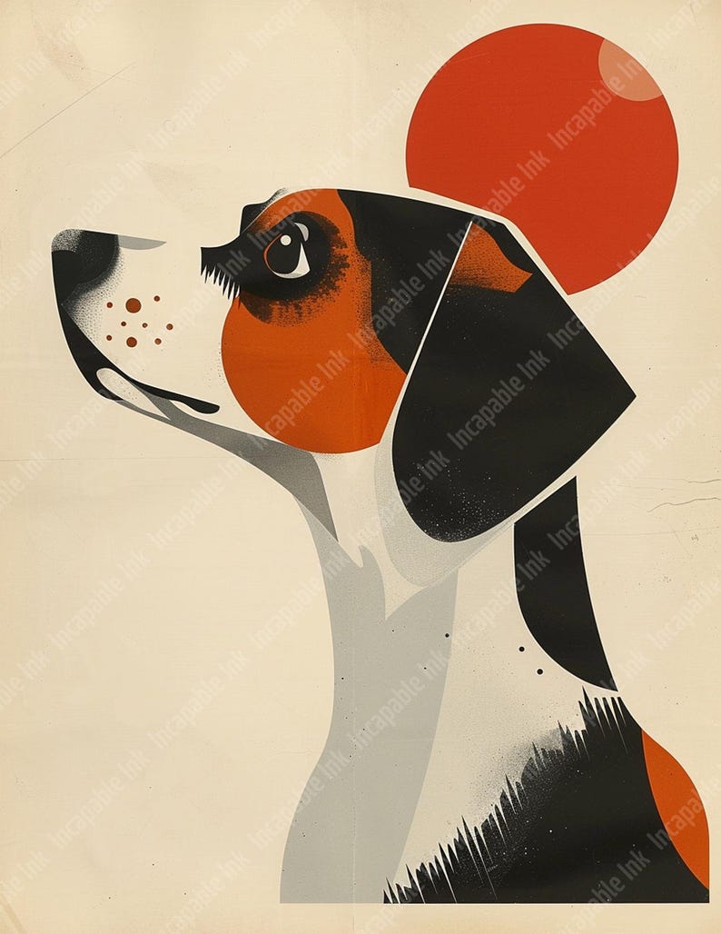 May include: A stylized illustration of a beagle dog with black, white, and orange fur. The dog is looking up and to the right, with a red circle behind it.