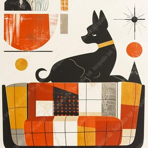 May include: A black dog with a gold collar sits on a colorful patterned couch. The couch has a geometric design with red, yellow, and white squares. The background features abstract shapes in orange, black, and white.