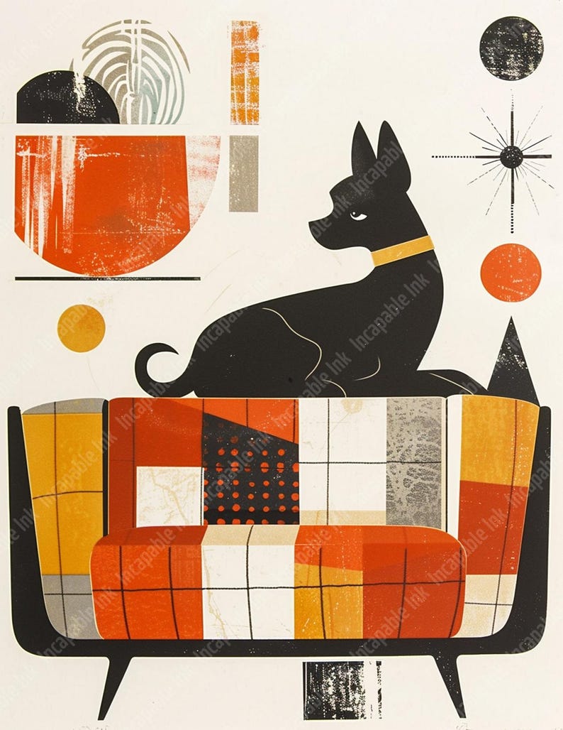 May include: A black dog with a gold collar sits on a colorful patterned couch. The couch has a geometric design with red, yellow, and white squares. The background features abstract shapes in orange, black, and white.