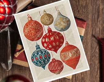 Scandinavian Christmas Ornament Cards Set of 8 w/envelopes | Block Print Holiday | Nordic Folk Art Christmas |