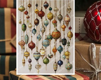 Vintage Christmas Ornament Cards Set of 8 w/Envelopes| Heirloom Holiday Greeting | Antique Glass Baubles | Elegant Christmas