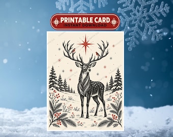 Printable Christmas Card | Folk Art Deer and Birds | Scandinavian Holiday Card | A2 Instant Download