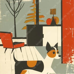 May include: A black, white, and orange dog stands in a room with a red chair and a window with a stylized tree outside. The dog is looking to the right of the image.