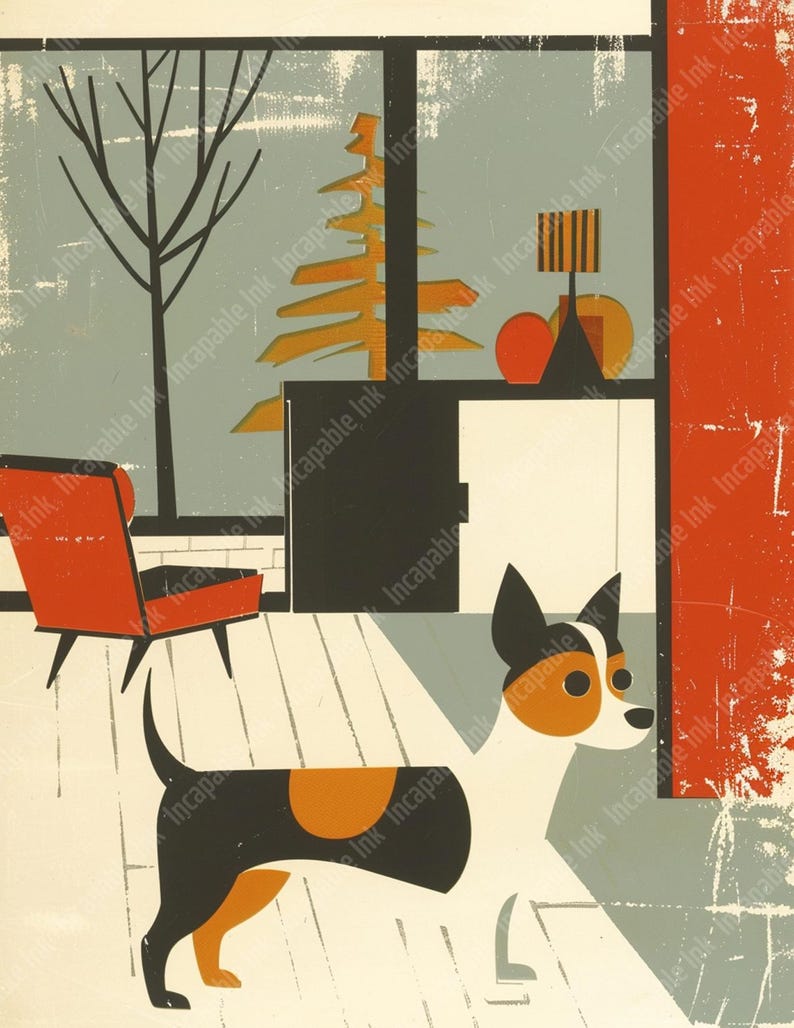 May include: A black, white, and orange dog stands in a room with a red chair and a window with a stylized tree outside. The dog is looking to the right of the image.