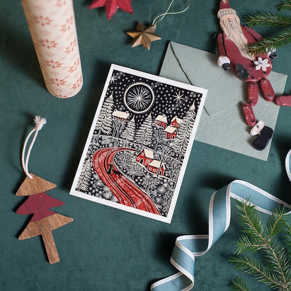Set di 8 biglietti di auguri natalizi assortiti in stile stampa a blocchi / Biglietti di auguri con buste per villaggi invernali