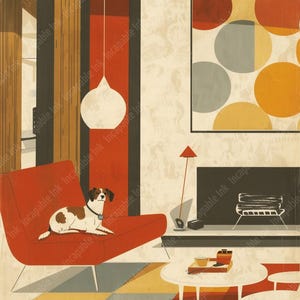 May include: A mid-century modern living room interior with a red armchair, a dog sitting on the chair, a coffee table with a tray of drinks, and a geometric abstract painting on the wall.
