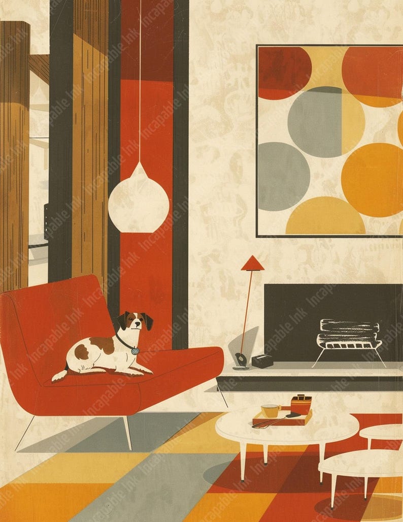 May include: A mid-century modern living room interior with a red armchair, a dog sitting on the chair, a coffee table with a tray of drinks, and a geometric abstract painting on the wall.