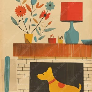 May include: A yellow dog with a red spot sits in a black fireplace with a brick surround. A blue lamp with a red shade sits on a shelf above the fireplace with a vase of red, orange, and blue flowers.
