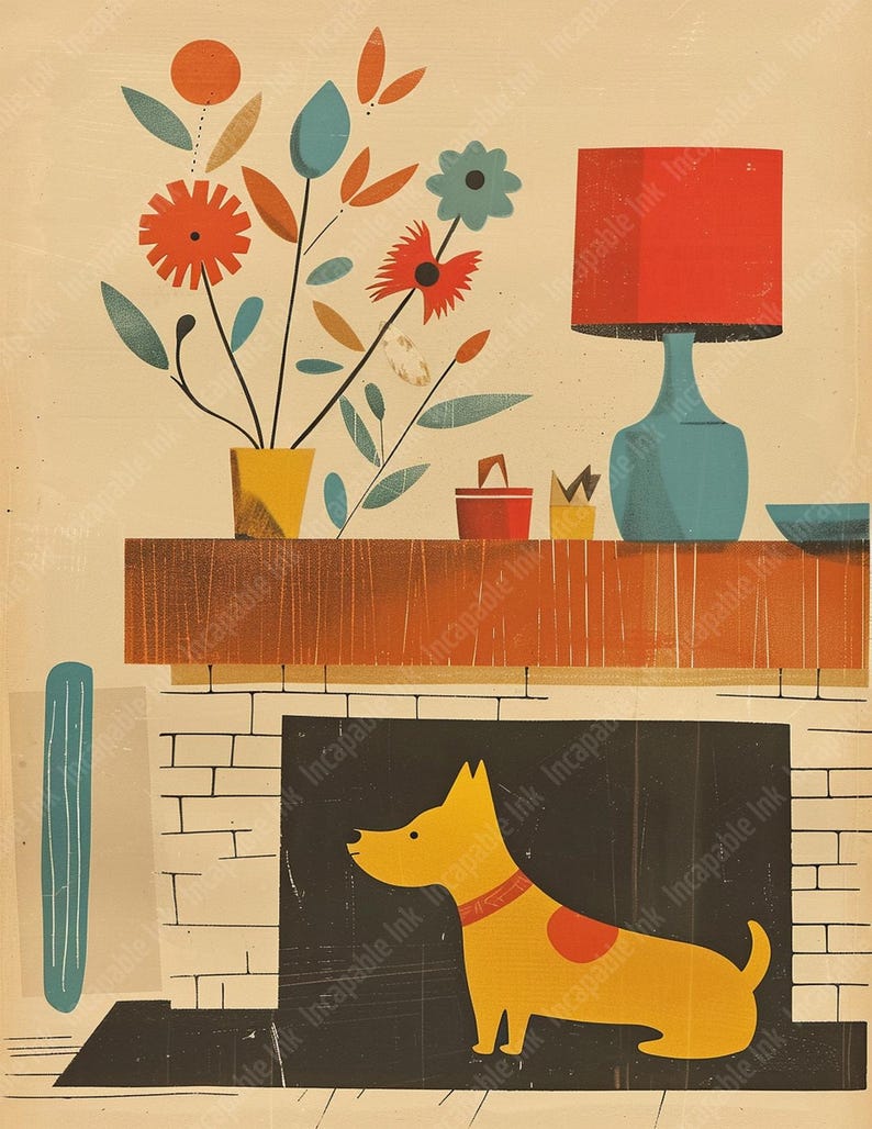 May include: A yellow dog with a red spot sits in a black fireplace with a brick surround. A blue lamp with a red shade sits on a shelf above the fireplace with a vase of red, orange, and blue flowers.