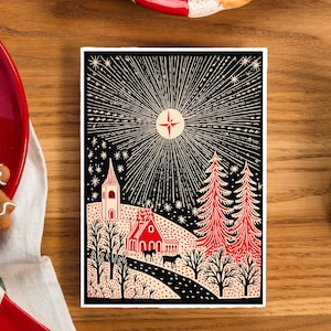 Afdrukbare kerstkaart | Kerstkaart | Kerstwenskaart | Vakantiewenskaart | Blokafdruk | Volkskunstster | Digitale download
