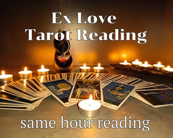 May include: A tarot card reading spread with the text "Ex Love Tarot Reading" and "same hour reading" on a table with lit candles.