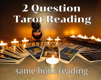 May include: A tarot card reading set up with a deck of cards, candles, and a small incense burner. The text on the image reads "2 Question Tarot Reading same hour reading".