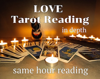 May include: A tarot card reading for love, with a spread of cards laid out on a table. The cards are surrounded by lit candles, creating a mystical and atmospheric setting. The text "LOVE Tarot Reading in depth same hour reading" is visible in the image.