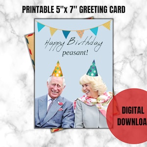 Feliz Aniversário Camponês | Cartão de aniversário do rei Charles & de Camilla | Rei Carlos III | Cartão de aniversário imprimível | Download Instantâneo |Digital