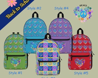 Peace Heart Backpack, Boho Design Backpack, Back to School, Retro, Hippie, Teacher Backpack, College Backpack, Cute Laptop Backpack