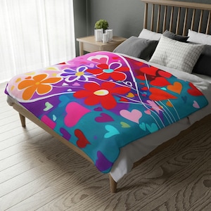 Boho Flower Hearts Blanket, Hippie Hearts Blanket, Camping Blanket, Boho Throw Blanket, Velveteen Soft Blanket