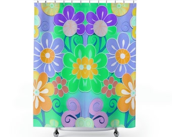 Boho Shower Curtain, Big Flowers Bath Curtain, Flowered Bath Curtain, Boho Bath Curtain, Retro Shower Curtain